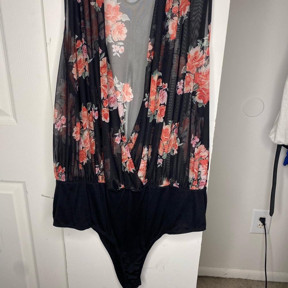 Rainbow LoveJ Black Floral Sheer Bodysuit